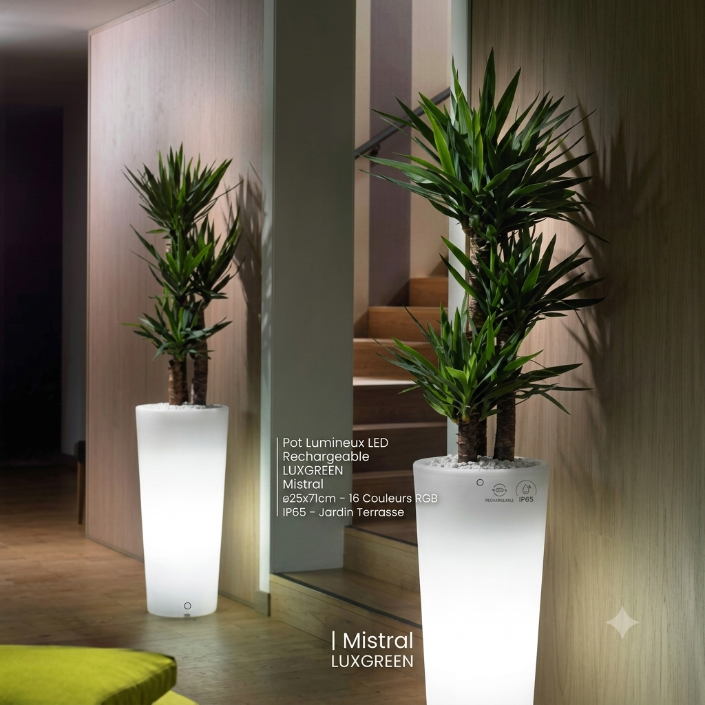 Pot Lumineux LED Rechargeable LUXGREEN Mistral Ø25x71cm – 16 Couleurs RGB IP65 – Jardin Terrasse | Mistral LUXGREEN