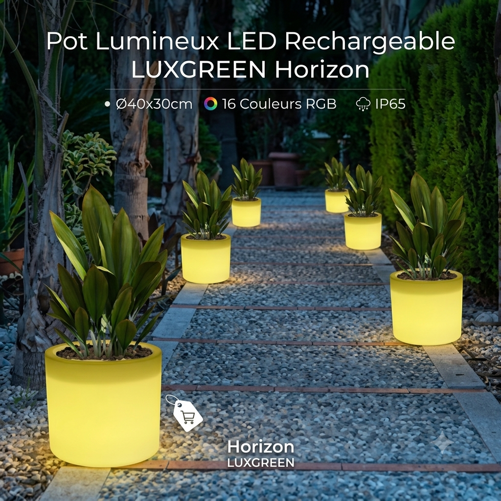 Pot Lumineux LED Rechargeable LUXGREEN Horizon Ø40x30cm – 16 Couleurs RGB IP65 | Horizon LUXGREEN