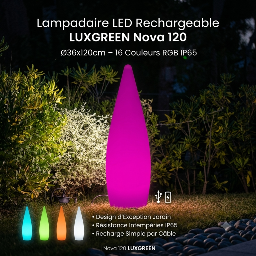 Lampadaire LED Rechargeable LUXGREEN Nova 120 Ø36x120cm – 16 Couleurs RGB IP65 – Jardin Design | Nova 120 LUXGREEN