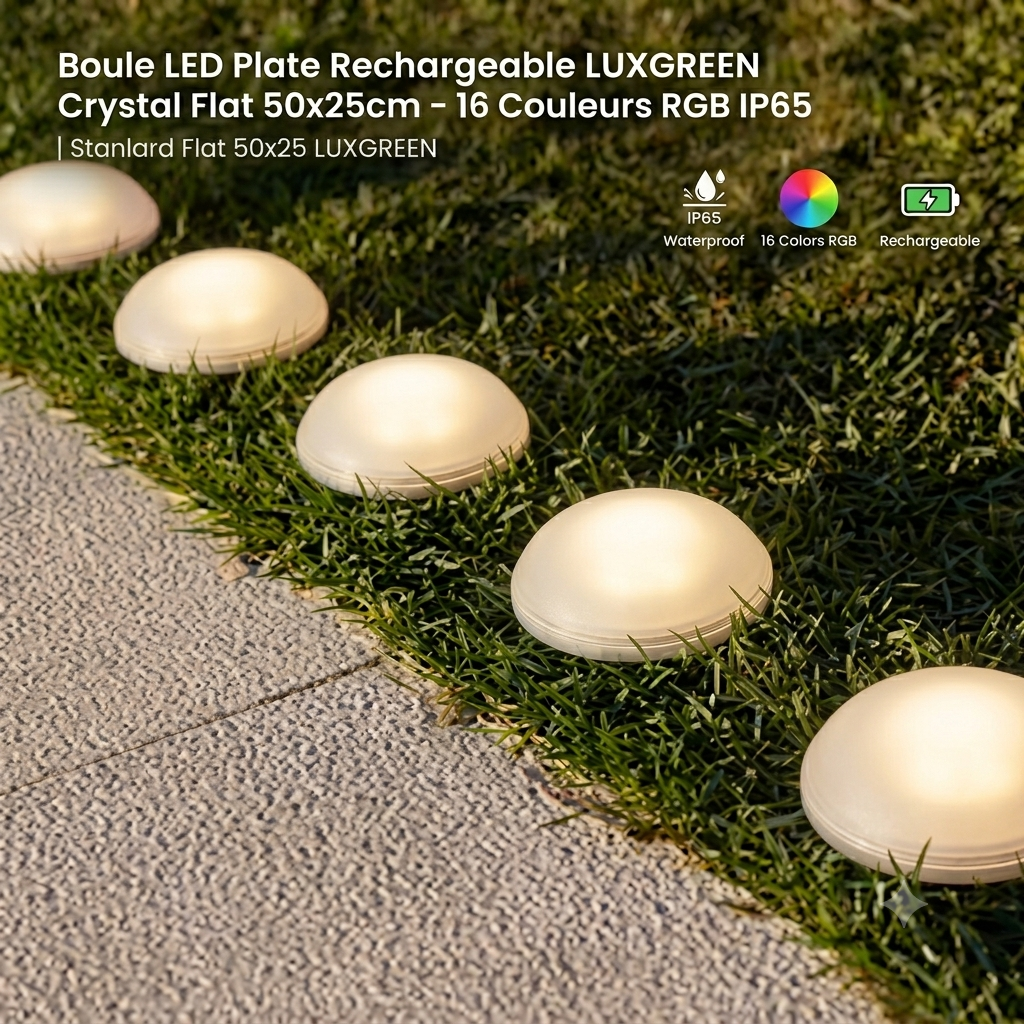 Boule LED Plate Rechargeable LUXGREEN Crystal Flat 50x25cm – 16 Couleurs RGB IP65 | Crystal Flat 50x25 LUXGREEN