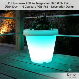 Pot Lumineux LED Rechargeable LUXGREEN Kairo Ø38x40cm – 16 Couleurs RGB IP65 – Décoration Design | Kairo LUXGREEN
