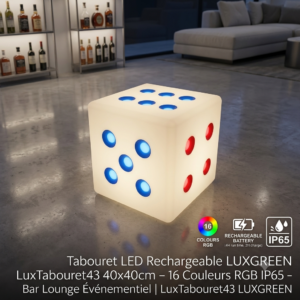 Tabouret LED Rechargeable LUXGREEN LuxTabouret43 40x40cm – 16 Couleurs RGB IP65 – Bar Lounge Événementiel | LuxTabouret43 LUXGREEN