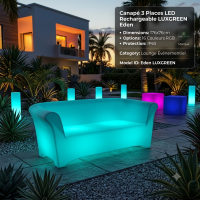 Canapé 3 Places LED Rechargeable LUXGREEN Eden 176x76cm – 16 Couleurs RGB IP65 – Lounge Événementiel | Eden LUXGREEN