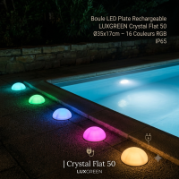 Boule LED Plate Rechargeable LUXGREEN Crystal Flat Ø35x20cm – 16 Couleurs RGB IP65 | Crystal Flat 35x20 LUXGREEN