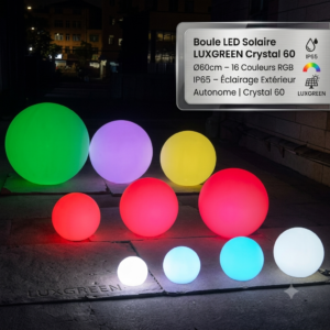 Boule LED Solaire LUXGREEN Crystal 60 Ø60cm – 16 Couleurs RGB IP65 – Éclairage Extérieur Autonome | Crystal 60 LUXGREEN