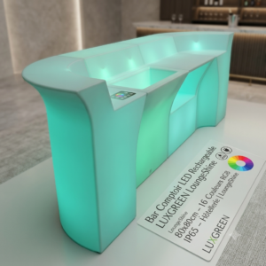 Bar Comptoir LED Rechargeable LUXGREEN LoungeShine 80x80cm – 16 Couleurs RGB IP65 – Événementiel Hôtellerie | LoungeShine LUXGREEN