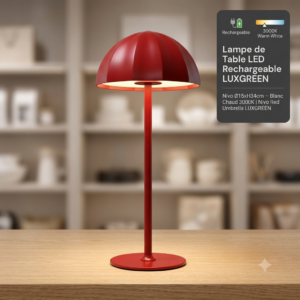 Lampe de Table LED Rechargeable LUXGREEN Nivo Ø15xH34cm – Blanc Chaud 3000K | Nivo Red Umbrella LUXGREEN