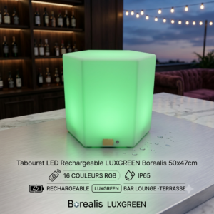 Tabouret LED Rechargeable LUXGREEN Borealis 50x47cm – 16 Couleurs RGB IP65 – Bar Lounge Terrasse | Borealis LUXGREEN