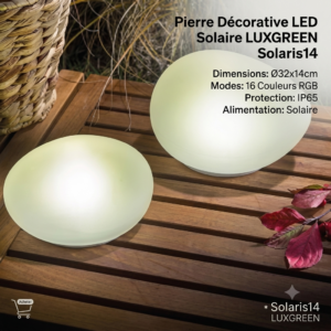 Pierre Décorative LED Solaire LUXGREEN Solaris14 Ø32x14cm – 16 Couleurs RGB IP65 – Solaire | Solaris14 LUXGREEN