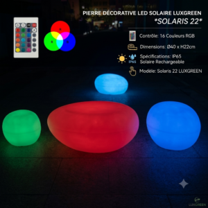 Pierre Décorative LED Solaire LUXGREEN Solaris 22 Ø40x22cm – 16 Couleurs RGB IP65 – Solaire | Solaris 22 LUXGREEN