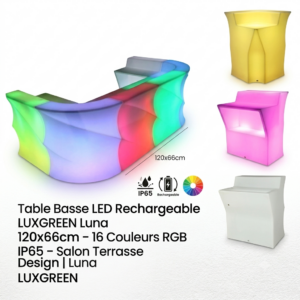 Table Basse LED Rechargeable LUXGREEN Luna 120x66cm – 16 Couleurs RGB IP65 – Salon Terrasse Design | Luna LUXGREEN