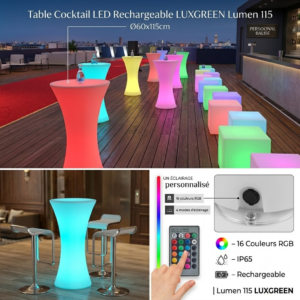 Table Cocktail LED Rechargeable LUXGREEN Lumen 115 Ø60x115cm – 16 Couleurs RGB IP65 | Lumen 115 LUXGREEN